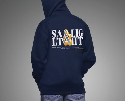 Retro Stacked Salt And Light Matthew 5 Christian bible verse design printed on front and back in white and gold on navy blue cozy unisex hoodie for men and women