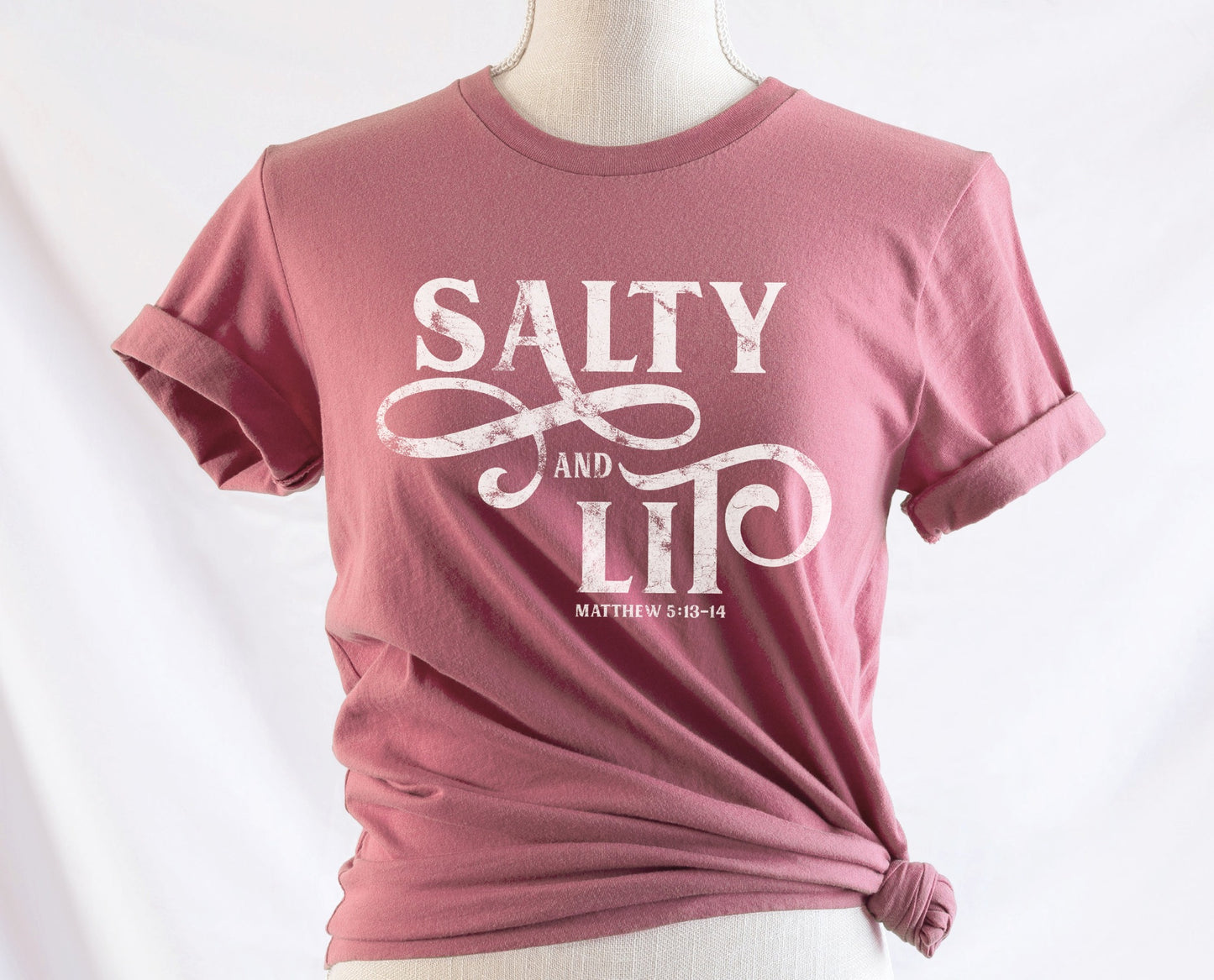 Salty And Lit Matthew 5:13-14 bible verse funny Christian T-Shirt design printed on soft mauve tee for women
