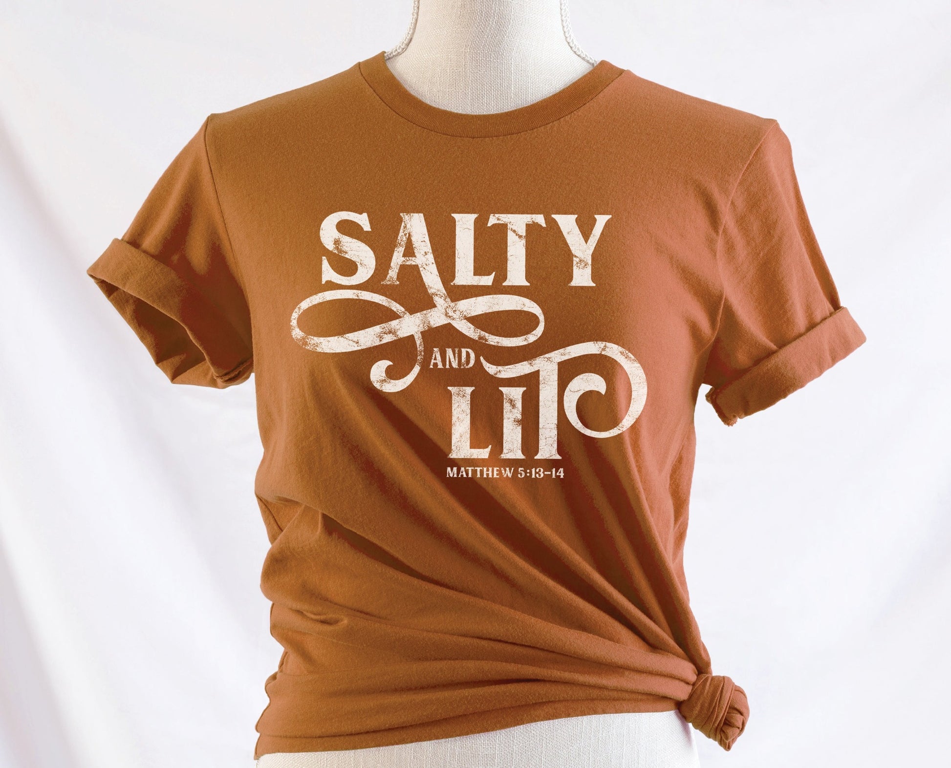 Salty And Lit Matthew 5:13-14 bible verse funny Christian T-Shirt design printed in white on soft toast rust tee for women