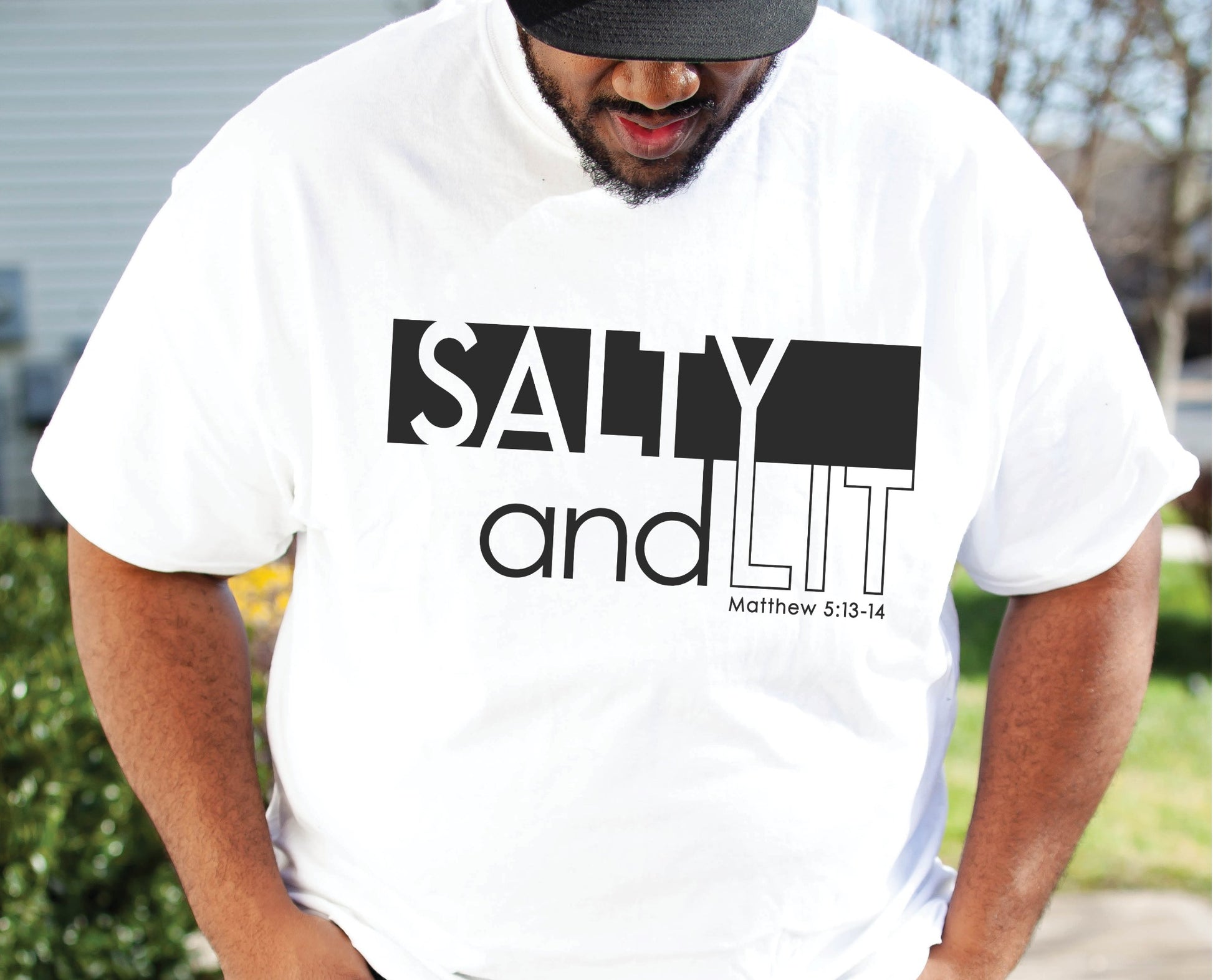 Funny Christian Salty And Lit Matthew 5:13-14 bible verse printed on soft unisex white t-shirt for Men