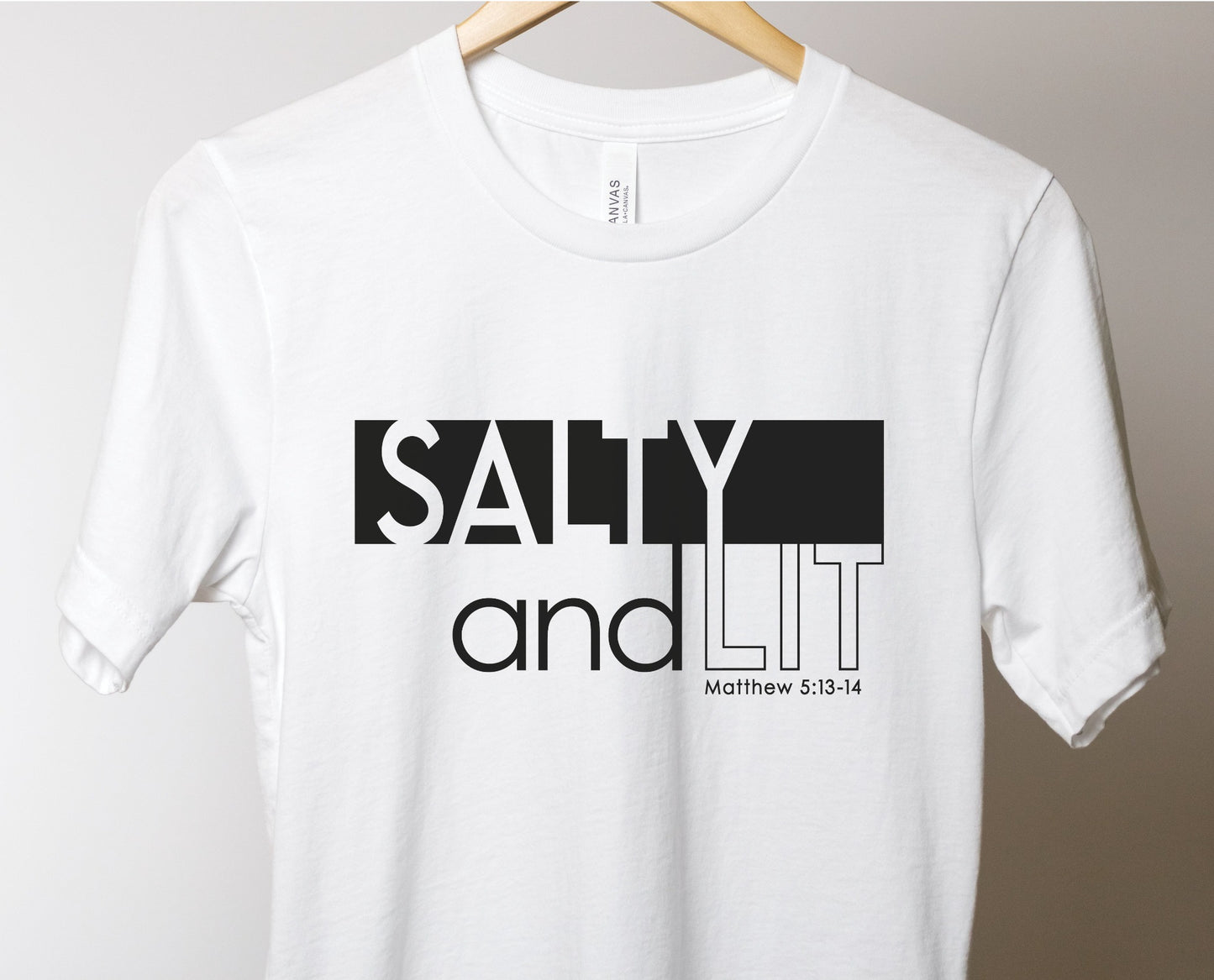 Funny Christian Salty And Lit Matthew 5:13-14 bible verse printed on soft unisex white t-shirt for Men