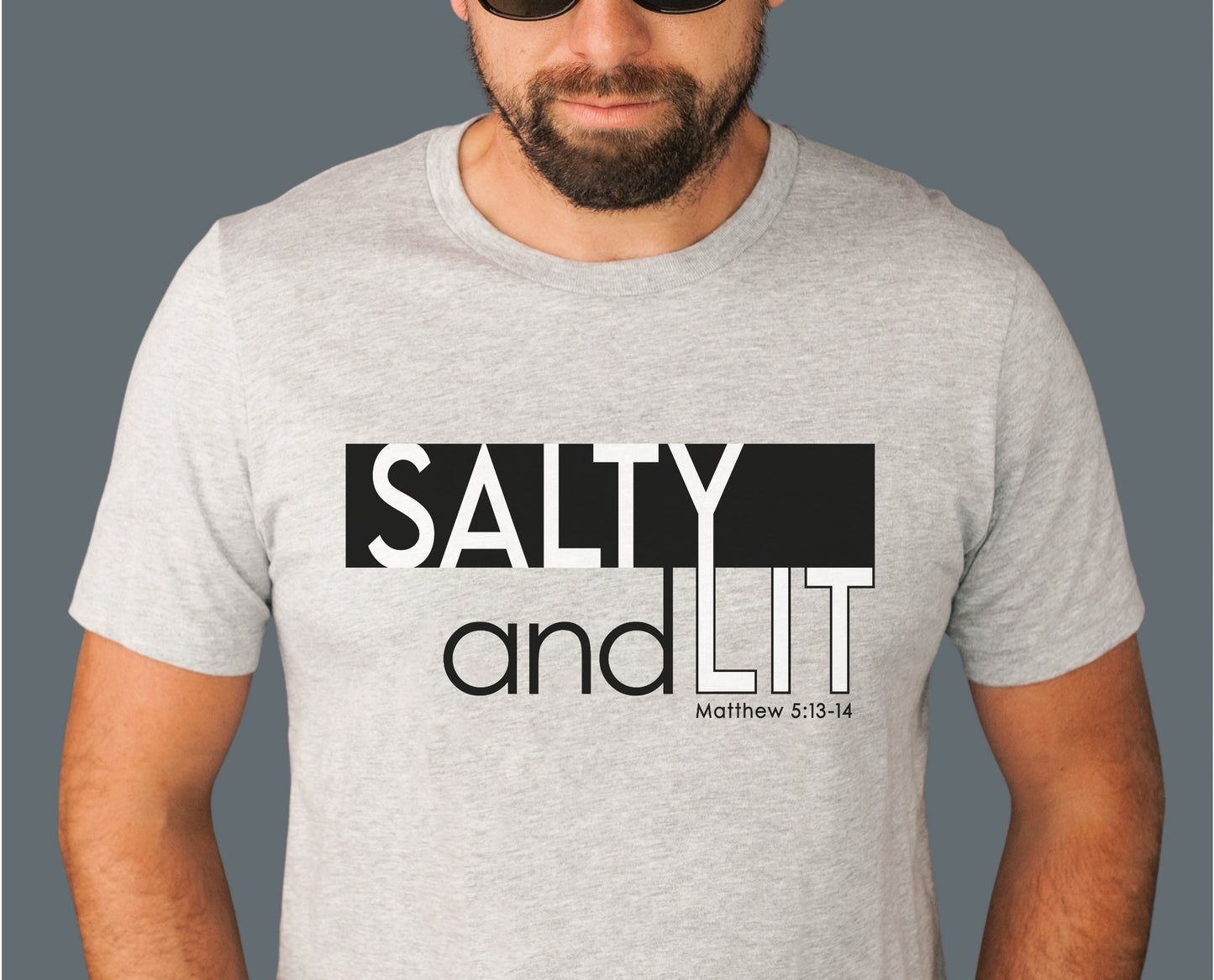 Funny Christian Salty And Lit Matthew 5:13-14 bible verse printed on soft unisex heather gray t-shirt for Men