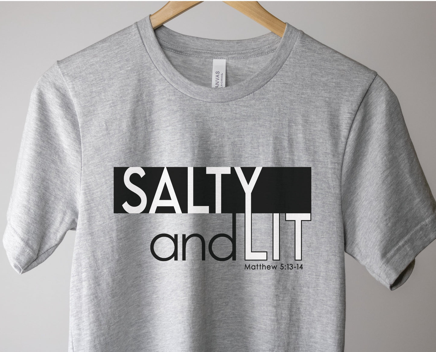 Funny Christian Salty And Lit Matthew 5:13-14 bible verse printed on soft unisex heather gray t-shirt for Men