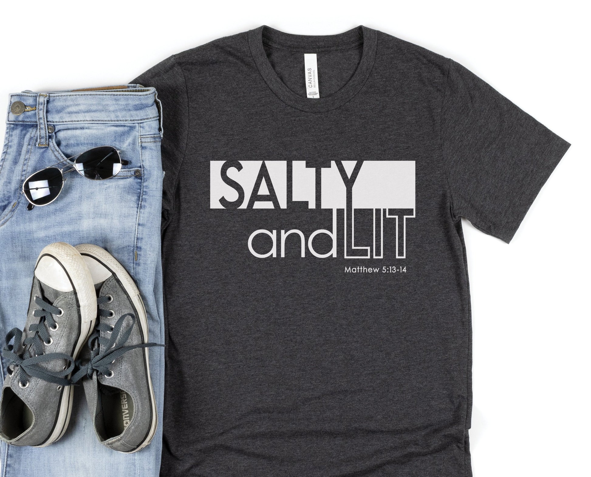 Funny Christian Salty And Lit Matthew 5:13-14 bible verse printed on soft unisex heather dark gray t-shirt for Men