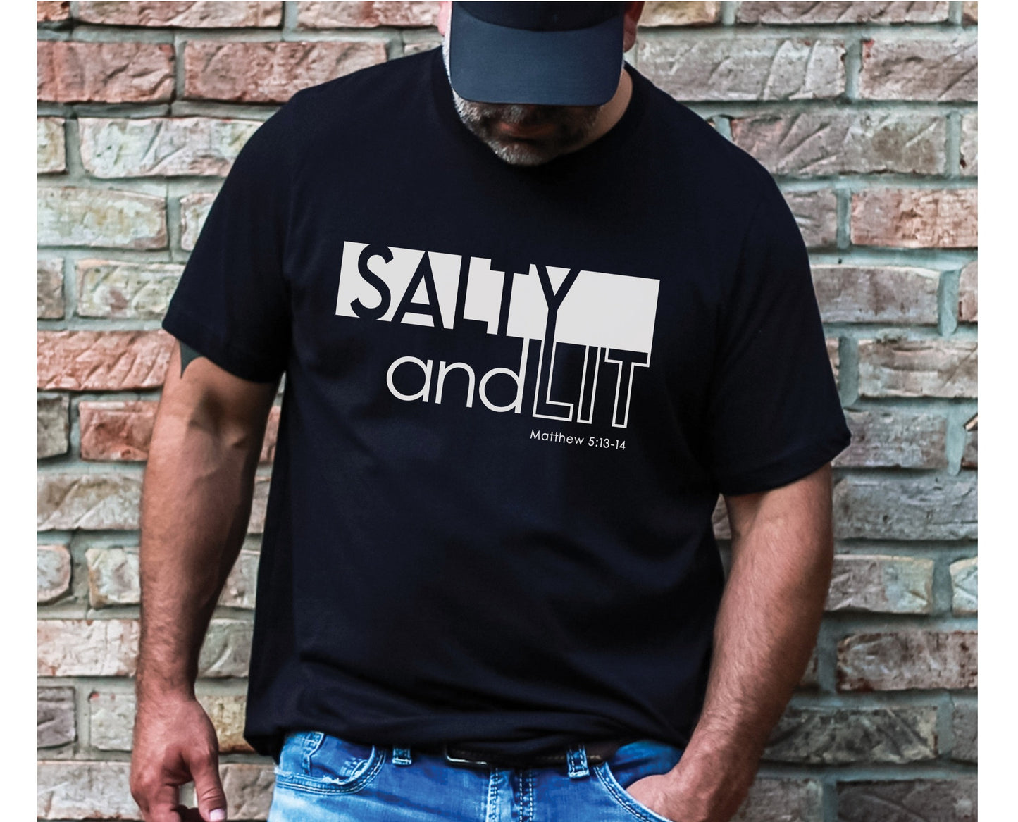 Funny Christian Salty And Lit Matthew 5:13-14 bible verse printed on soft unisex black t-shirt for Men