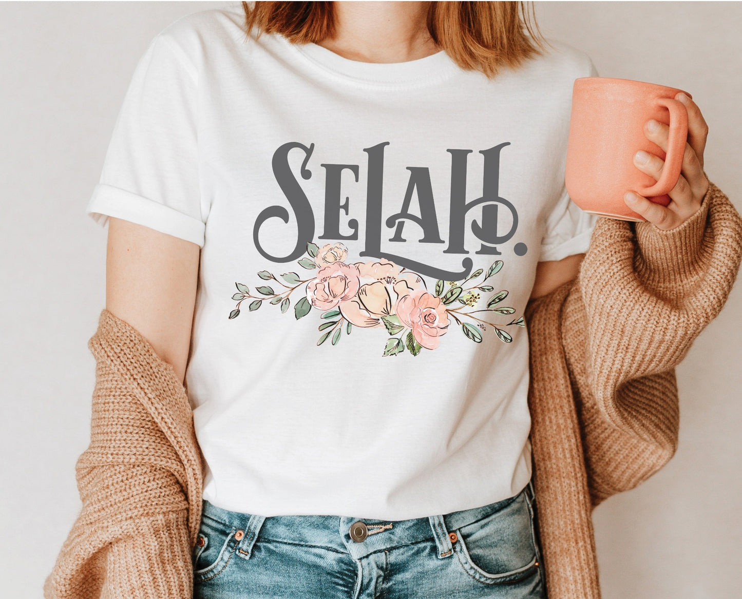 Selah Psalm bible verse watercolor floral Christian aesthetic design printed in charcoal gray, peach, blush pink, on soft white t-shirt for women