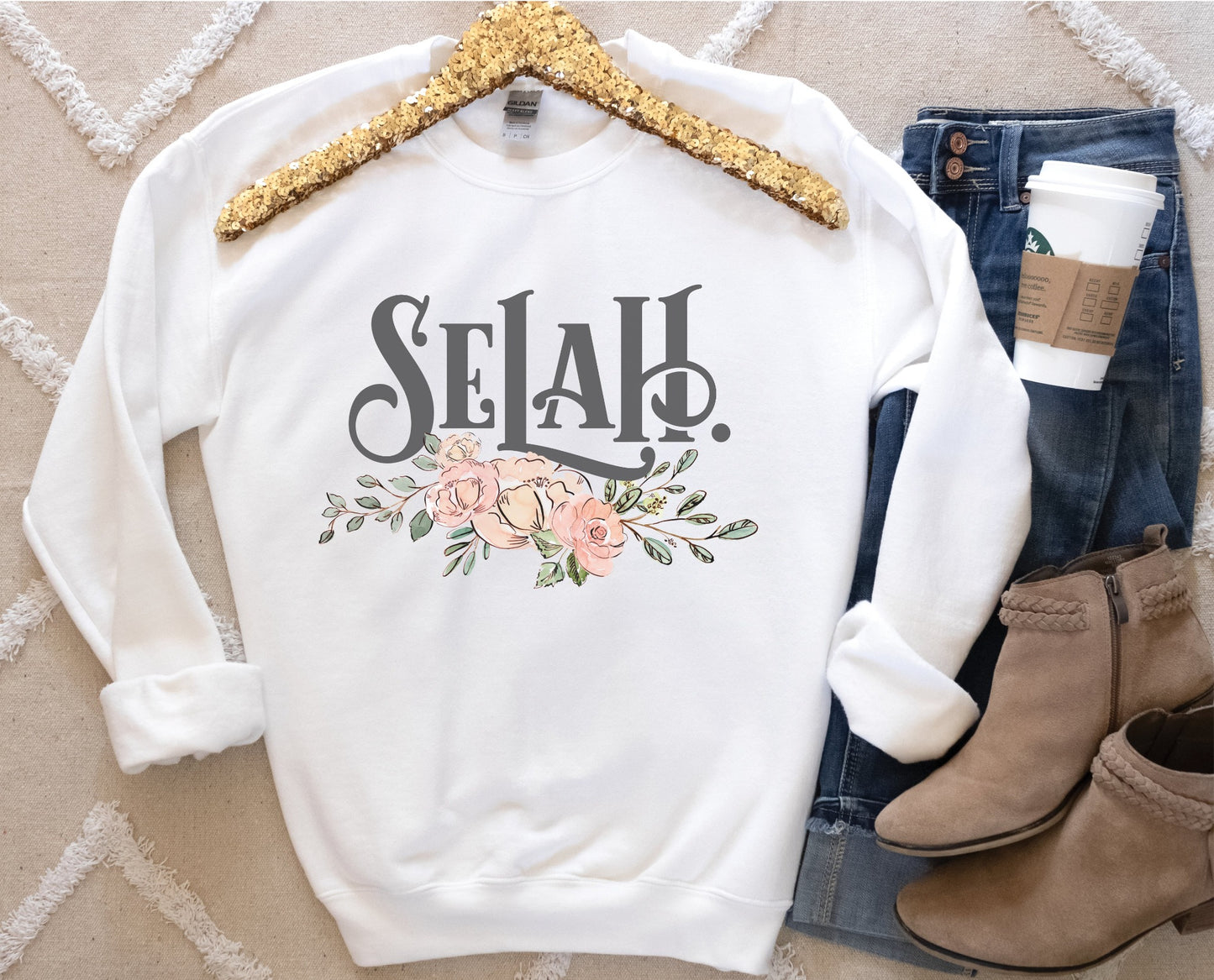 Selah Psalm watercolor floral Christian aesthetic design printed in charcoal gray, peach, blush pink, on cozy white unisex crewneck sweatshirt for women