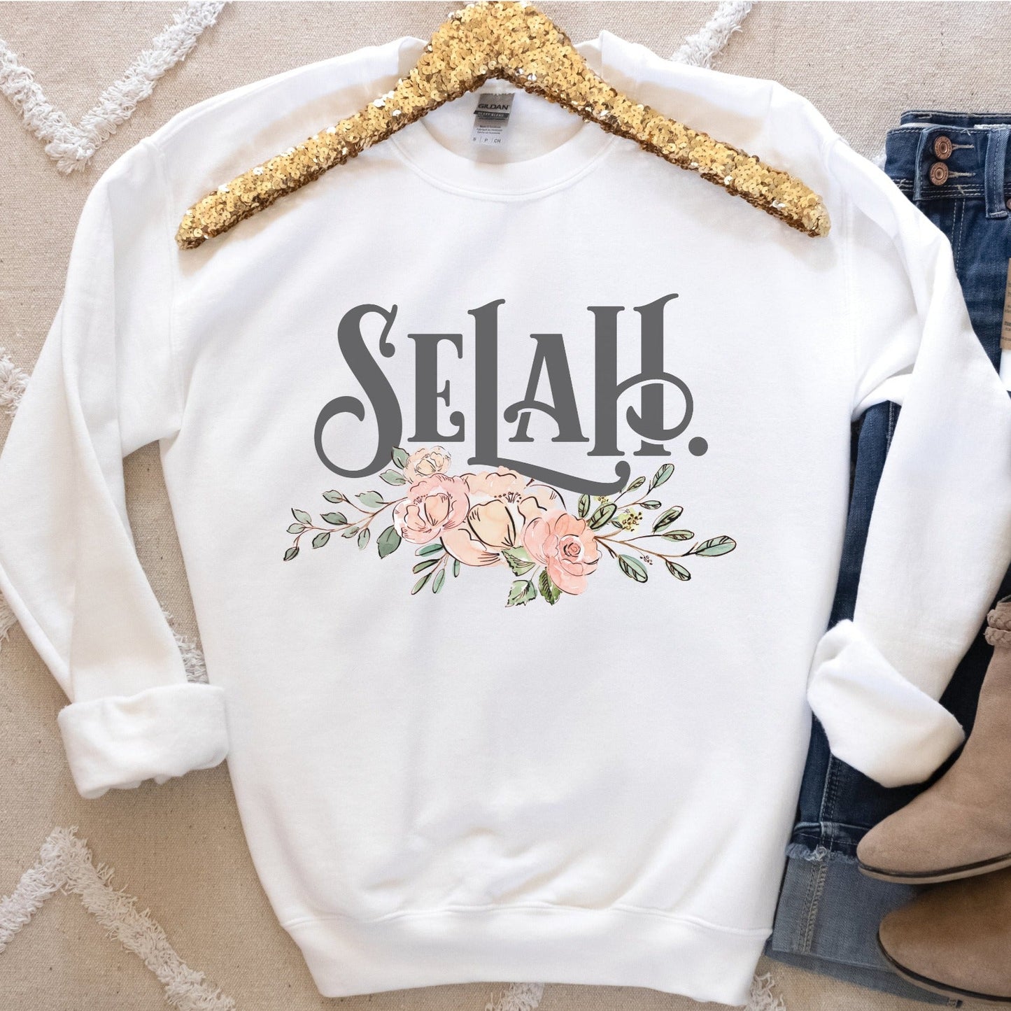 Selah Psalm watercolor floral Christian aesthetic design printed in charcoal gray, peach, blush pink, on cozy white unisex crewneck sweatshirt for women