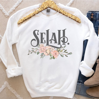 Selah Psalm watercolor floral Christian aesthetic design printed in charcoal gray, peach, blush pink, on cozy white unisex crewneck sweatshirt for women