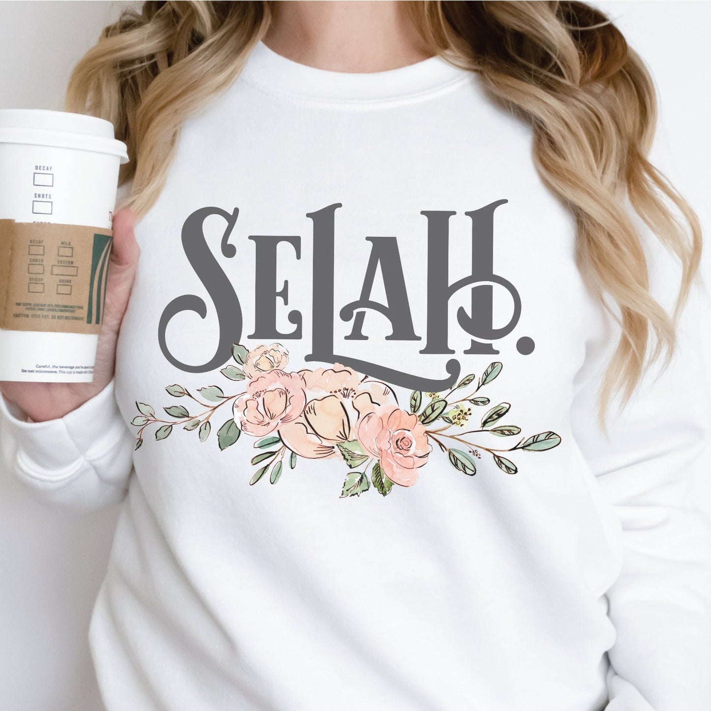 Selah Psalm watercolor floral Christian aesthetic design printed in charcoal gray, peach, blush pink, on cozy white unisex crewneck sweatshirt for women