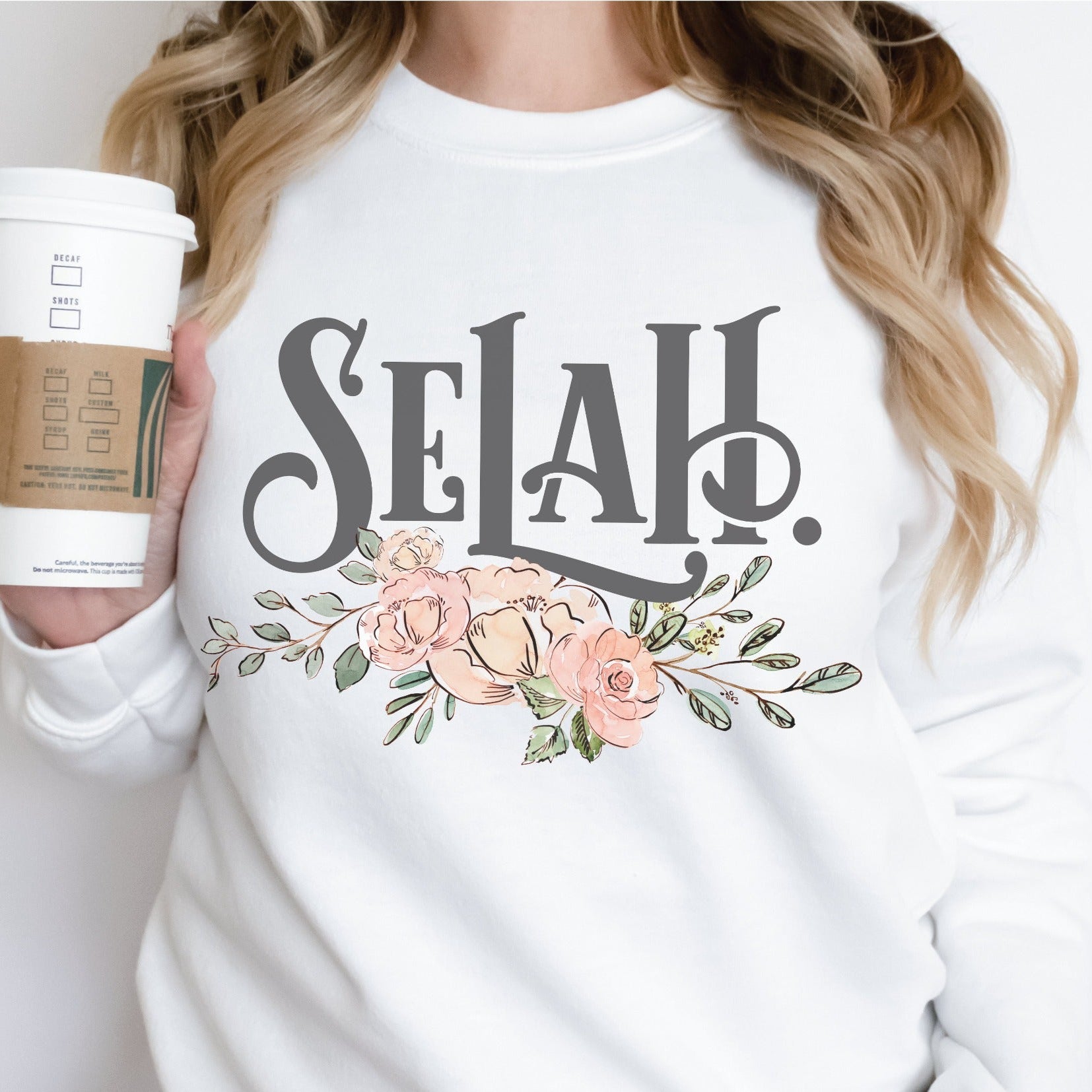Selah Psalm watercolor floral Christian aesthetic design printed in charcoal gray, peach, blush pink, on cozy white unisex crewneck sweatshirt for women