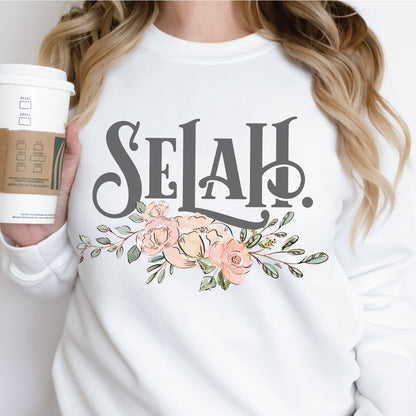 Selah Psalm watercolor floral Christian aesthetic design printed in charcoal gray, peach, blush pink, on cozy white unisex crewneck sweatshirt for women