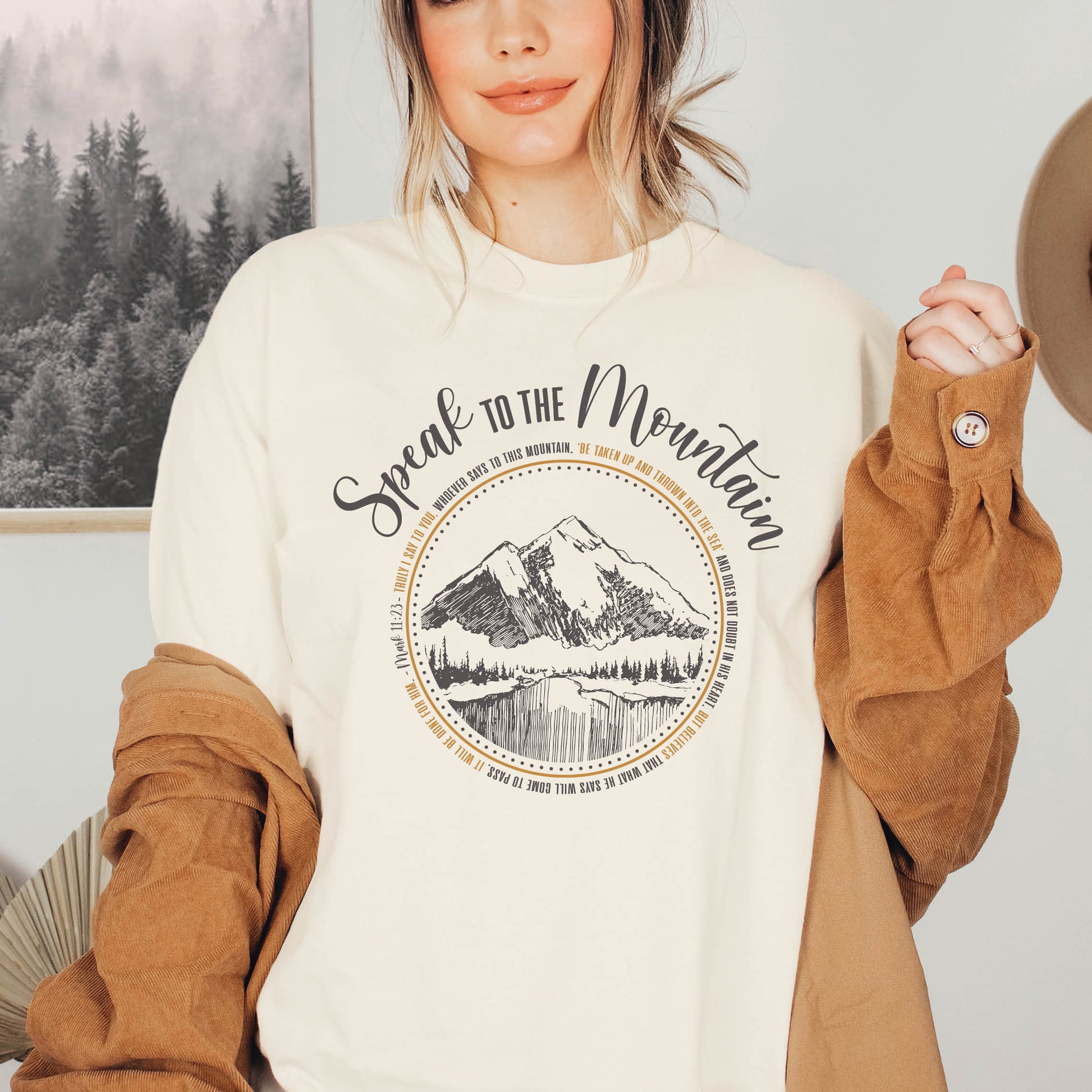 Speak to the Mountain Christian soft cream unisex graphic t-shirt with Mark 11:23 Whosoever Believes scripture faith-based tee, designed for women