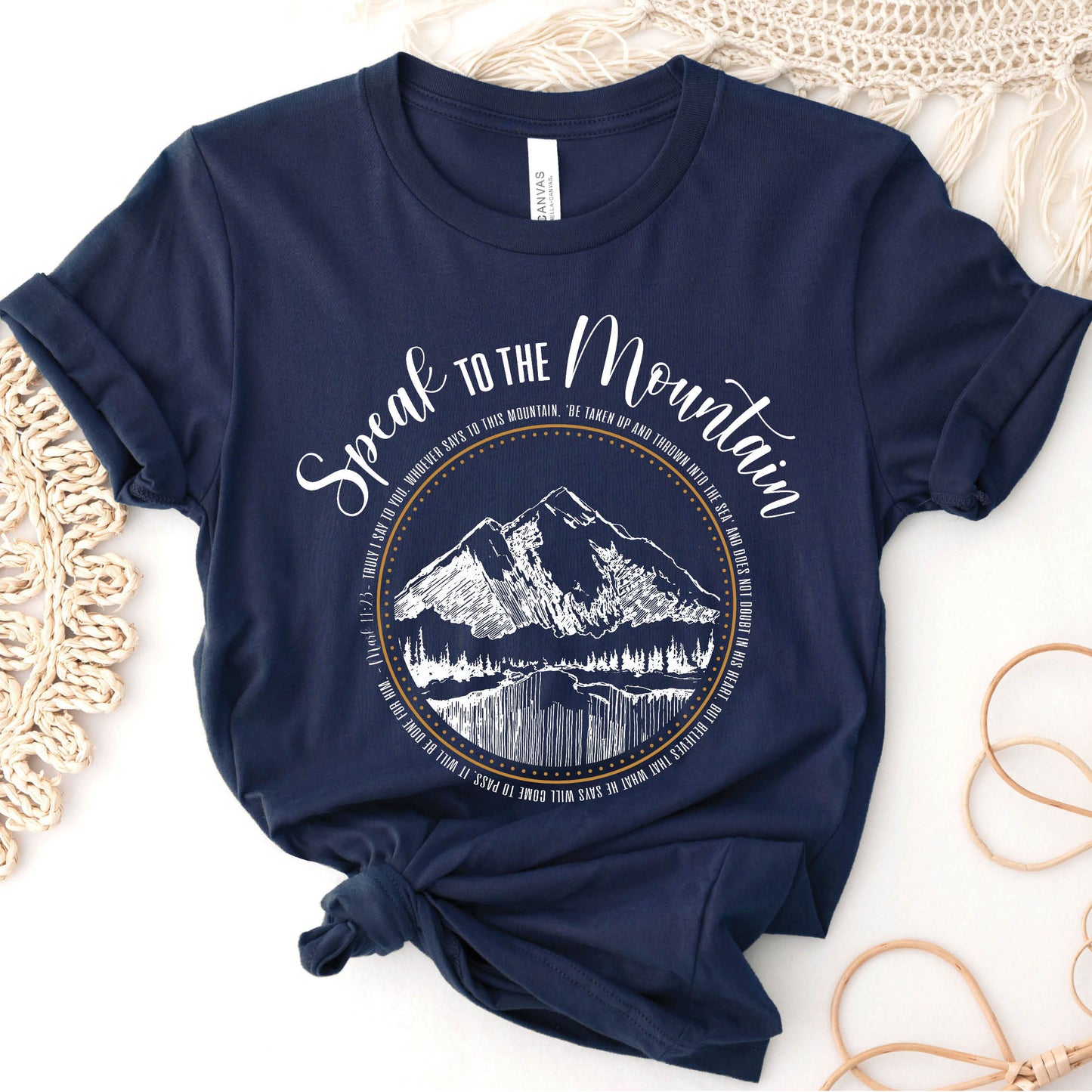 Navy Blue Speak to the Mountain Christian unisex graphic t-shirt with Mark 11:23 Whosoever Believes scripture faith-based tee, designed for women