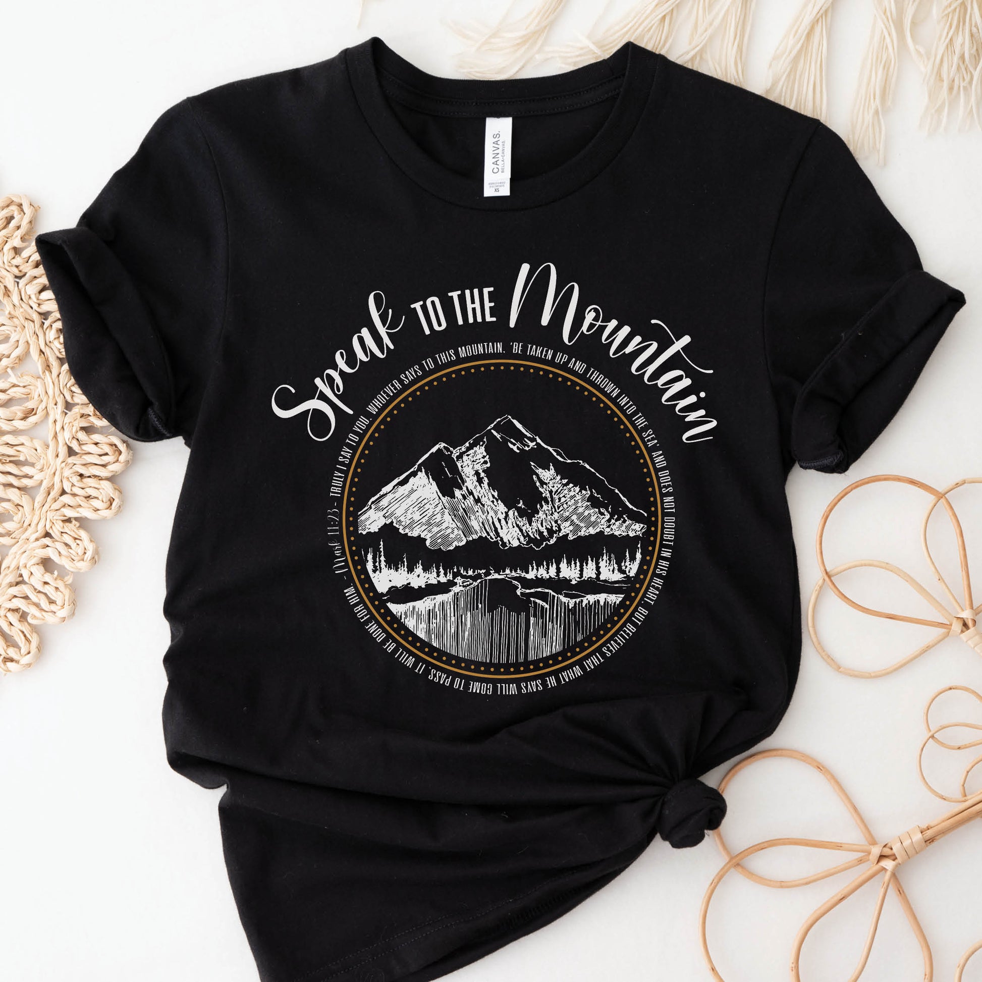 Speak to the Mountain Christian black unisex graphic t-shirt with Mark 11:23 Whosoever Believes scripture faith-based tee, designed for women