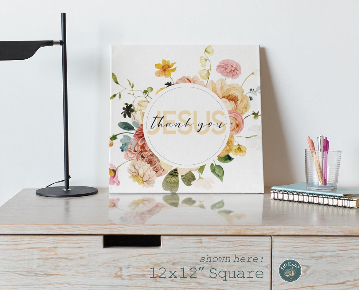 Thank You Jesus watercolor floral gratitude Christian aesthetic wall art decor canvas for living space, nursery, church or office