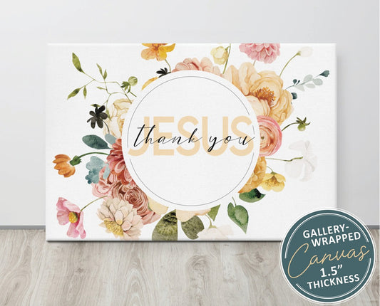 Thank You Jesus watercolor floral gratitude Christian aesthetic wall art decor canvas for living space, nursery, church or office