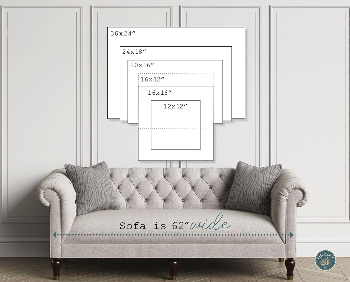36x24", 24x18", 20x16", 16x12", 16x16", 12x12", Christian faith based wall art perspective size chart, gallery wrapped canvas with mounting brackets included, for home decor, nursery, church, or office