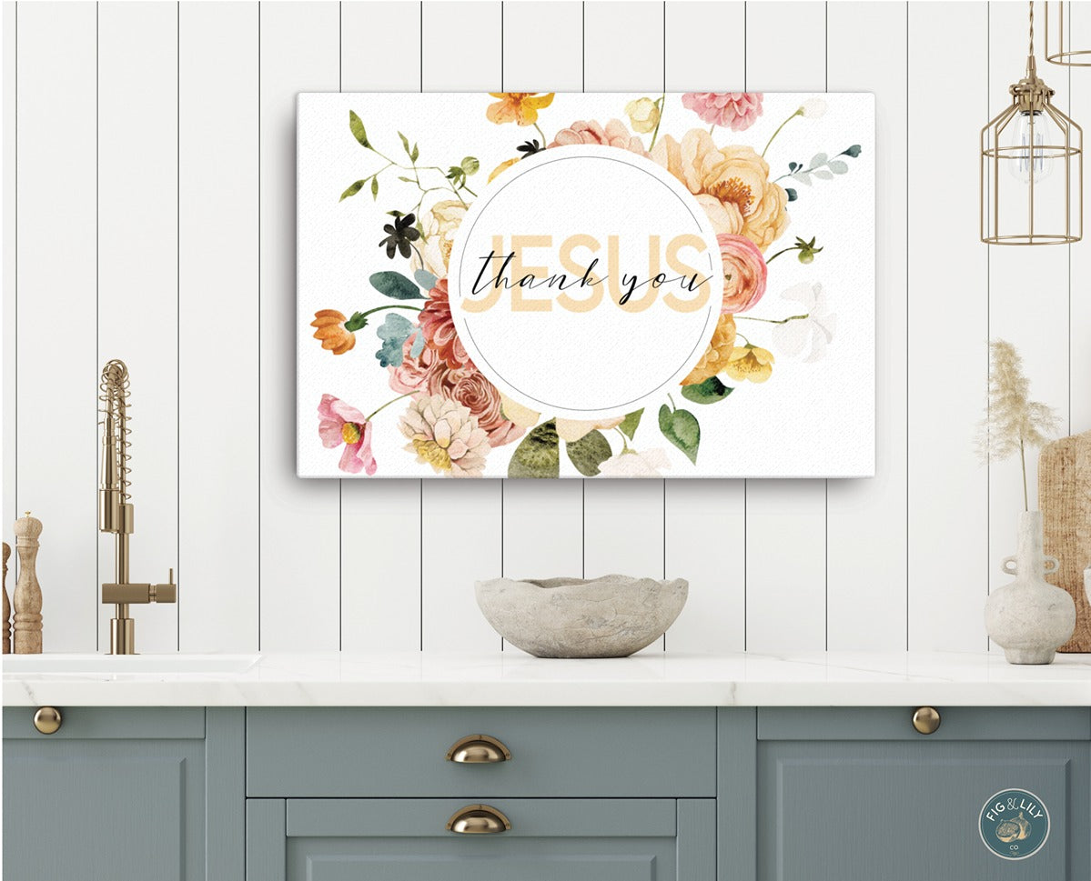 Butter yellow Thank You Jesus typography surrounded by colorful watercolor flowers Christian gratitude aesthetic 24x18" wall art canvas print for inspirational faith home, church, or office decor