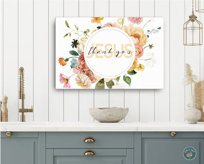 Butter yellow Thank You Jesus typography surrounded by colorful watercolor flowers Christian gratitude aesthetic 24x18" wall art canvas print for inspirational faith home, church, or office decor