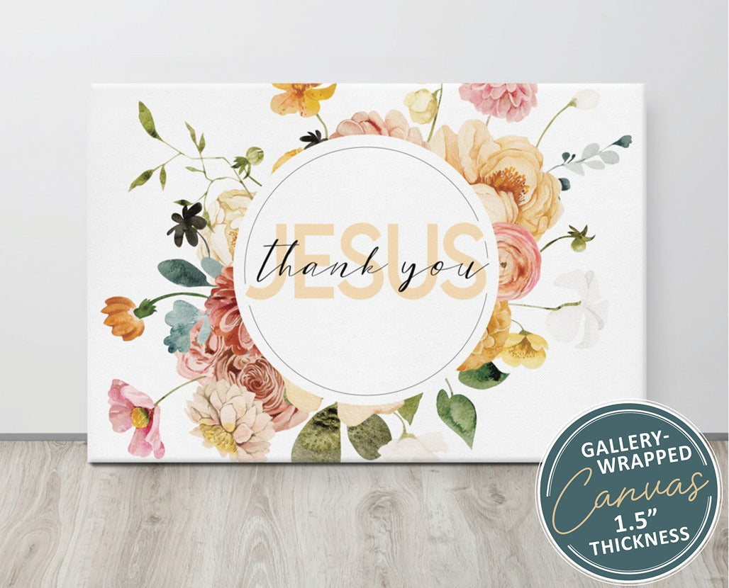 Butter yellow Thank You Jesus typography surrounded by colorful watercolor flowers Christian gratitude aesthetic 24x36" wall art canvas print for inspirational faith home, church, or office decor