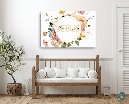 Butter yellow Thank You Jesus typography surrounded by colorful watercolor flowers Christian gratitude aesthetic 24x36" wall art canvas print for inspirational faith home, church, or office decor