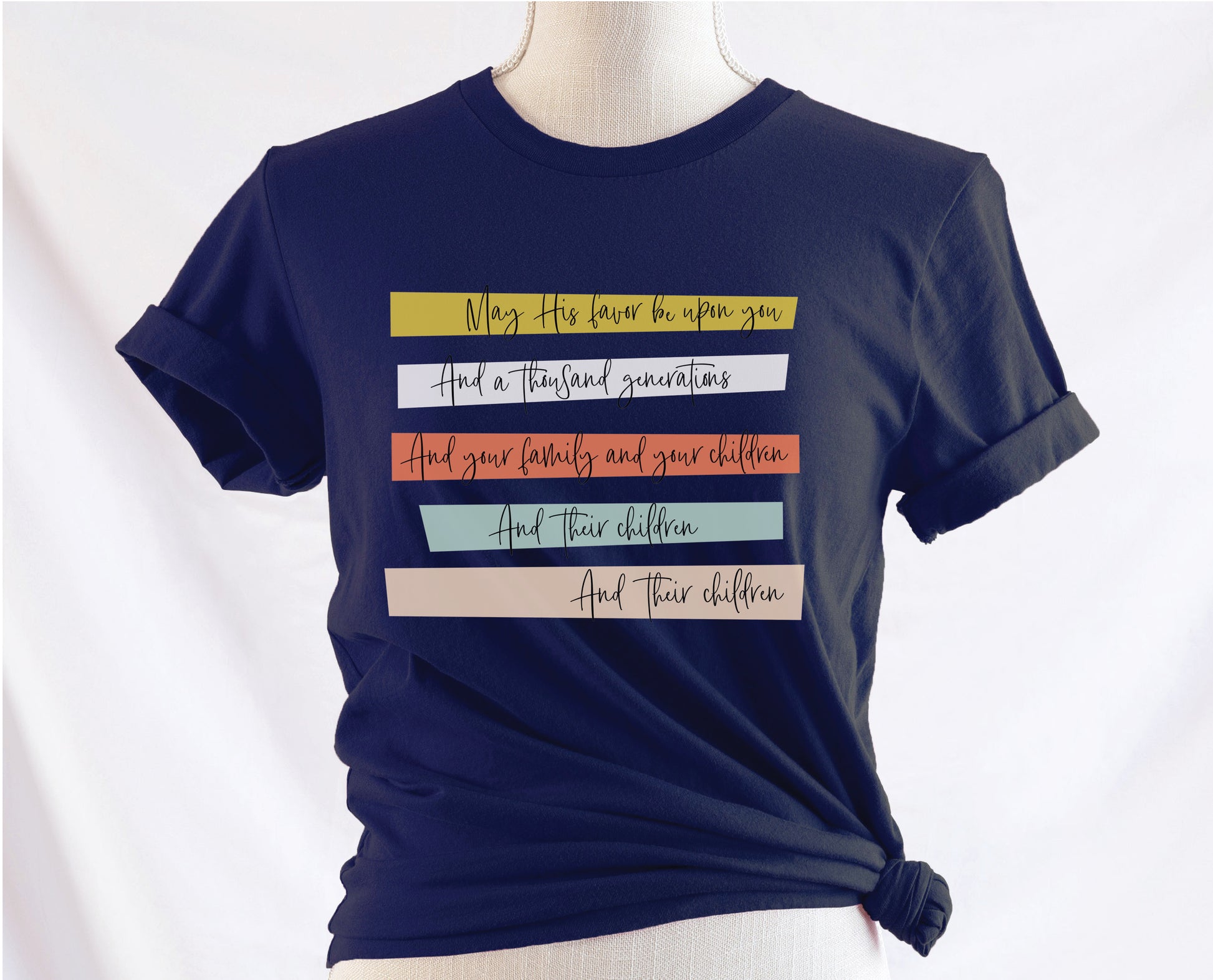 May His Favor Be Upon You and a thousand generations The Family and children Blessing Christian aesthetic 5 bars design printed on soft navy blue t-shirt for women