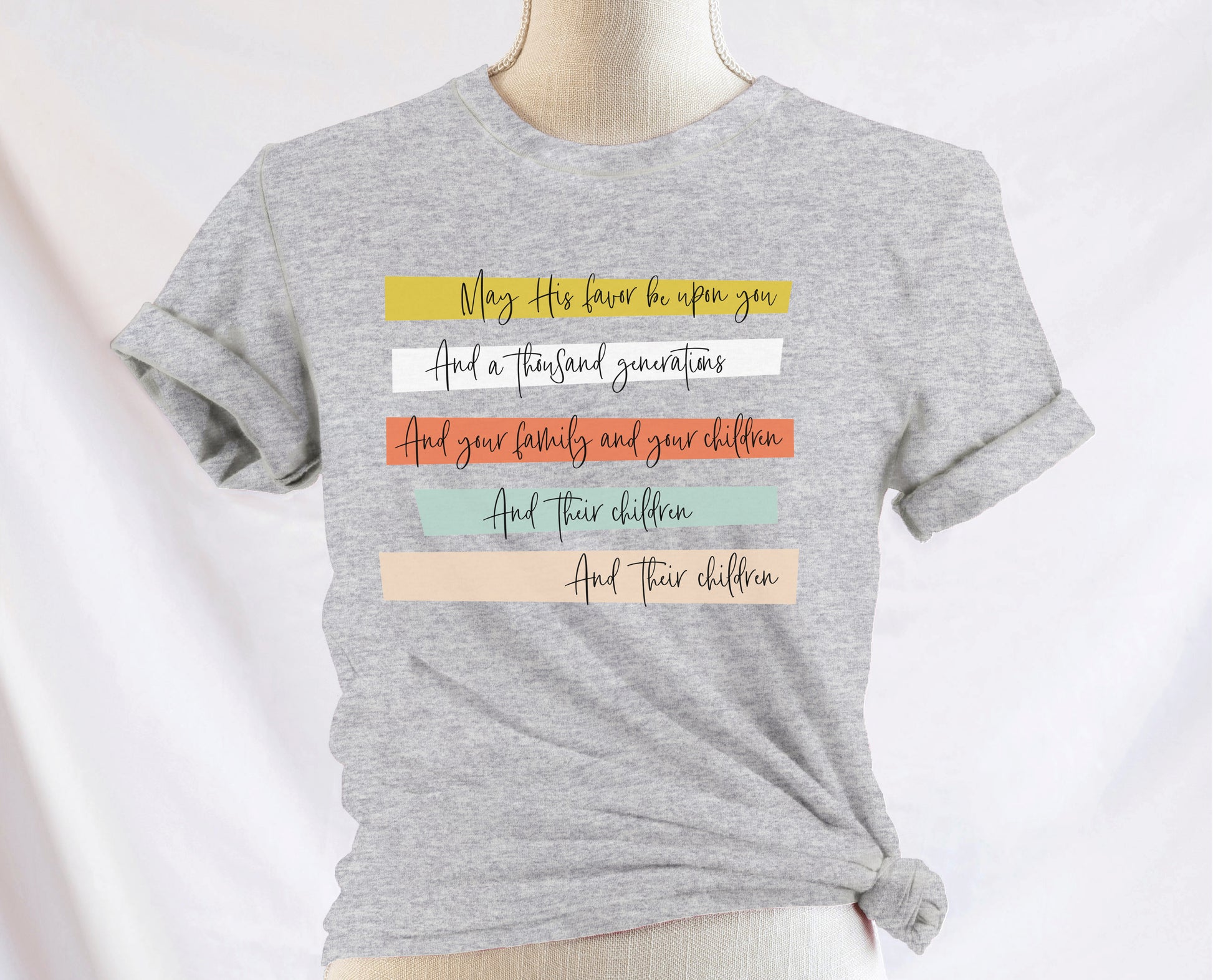 May His Favor Be Upon You and a thousand generations The Family and children Blessing Christian aesthetic 5 bars design printed on soft heather gray t-shirt for women