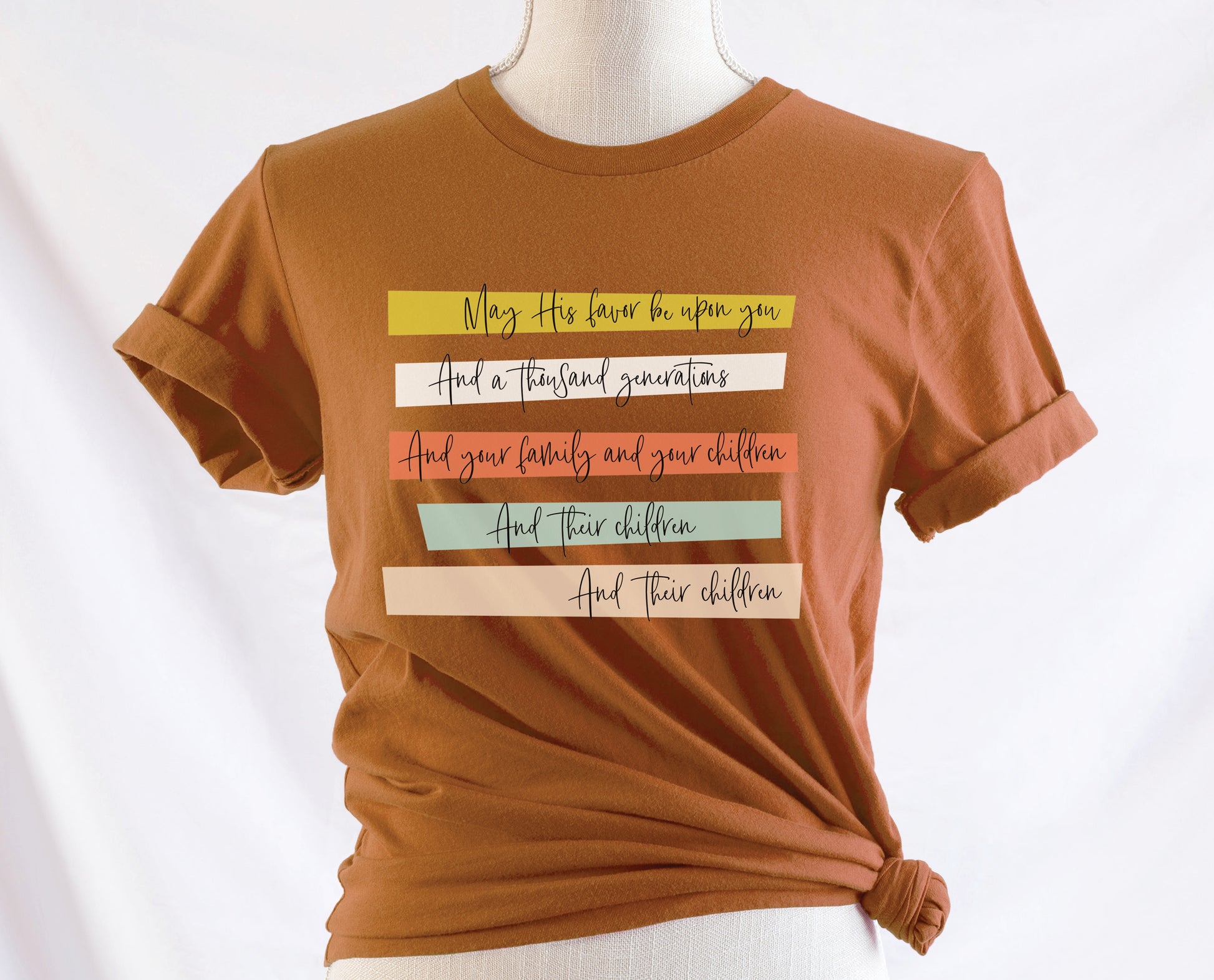 May His Favor Be Upon You and a thousand generations The Family and children Blessing Christian aesthetic 5 bars design printed on soft toast rust orange t-shirt for women