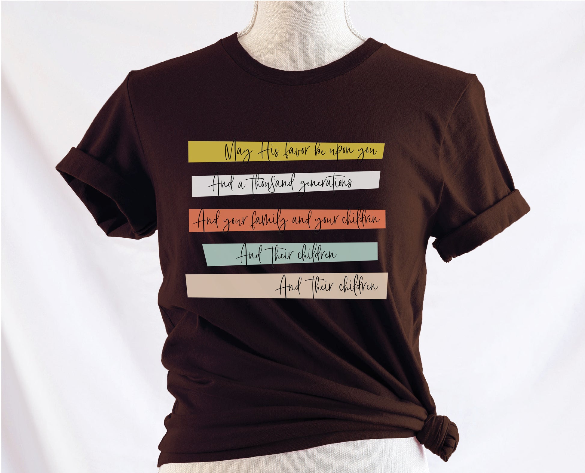 May His Favor Be Upon You and a thousand generations The Family and children Blessing Christian aesthetic 5 bars design printed on soft brown t-shirt for women