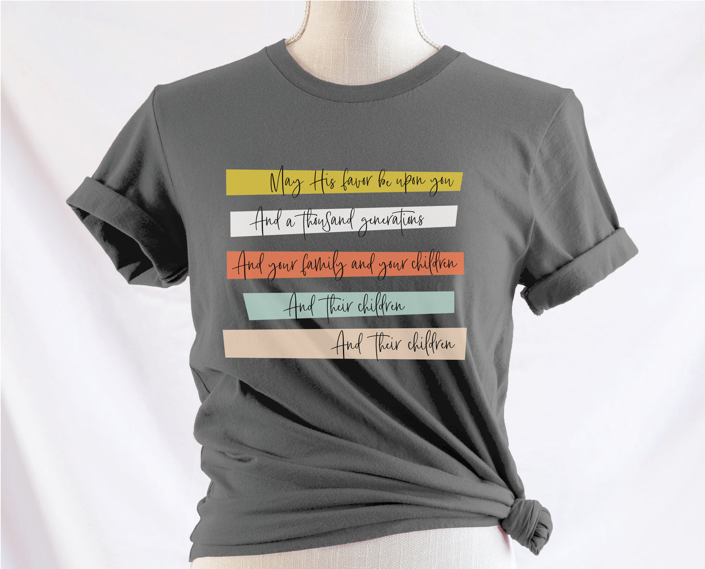 May His Favor Be Upon You and a thousand generations The Family and children Blessing Christian aesthetic 5 bars design printed on soft asphalt gray t-shirt for women