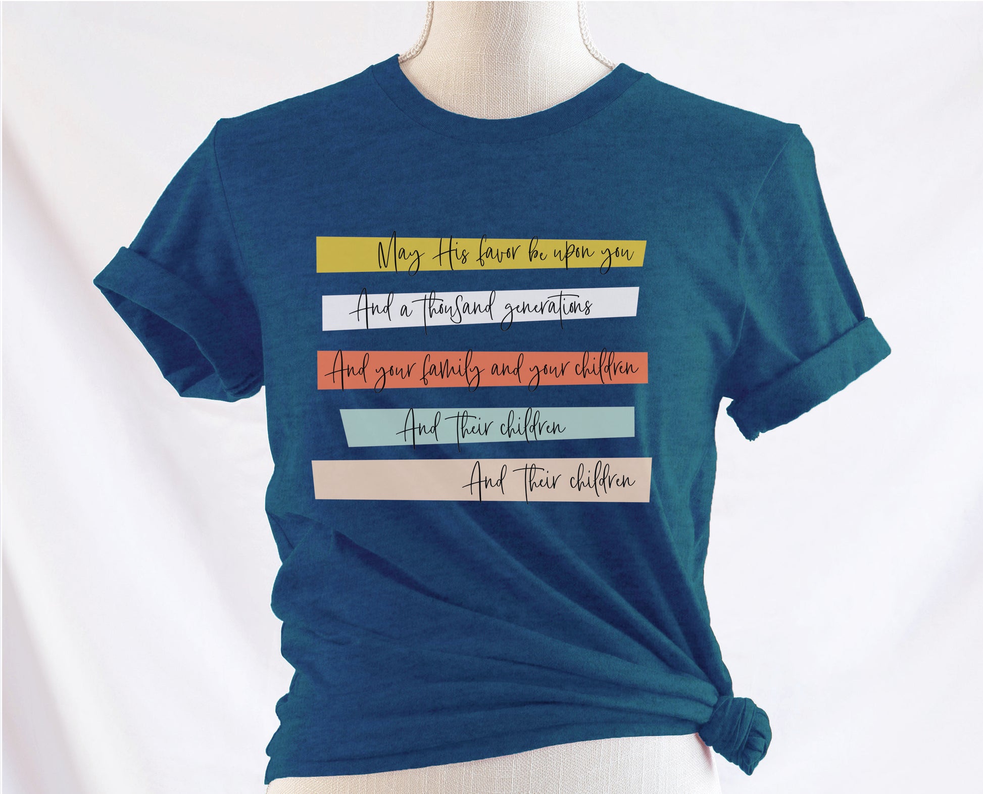 May His Favor Be Upon You and a thousand generations The Family and children Blessing Christian aesthetic 5 bars design printed on soft heather deep teal t-shirt for women