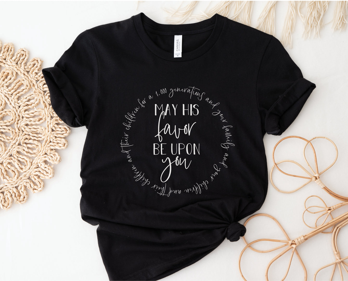 May His Favor Be Upon family & children Numbers 6 The Blessing Christian aesthetic circle design printed in white on soft black t-shirt for women