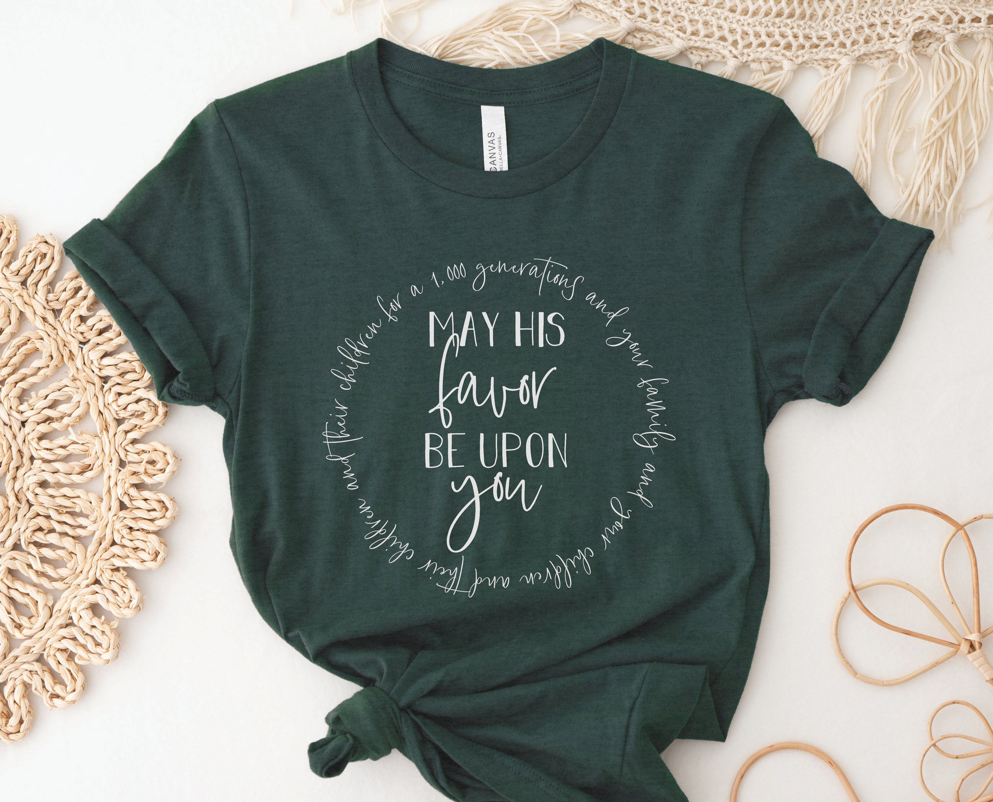 May His Favor Be Upon family & children Numbers 6 The Blessing Christian aesthetic circle design printed in white on soft forest green t-shirt for women