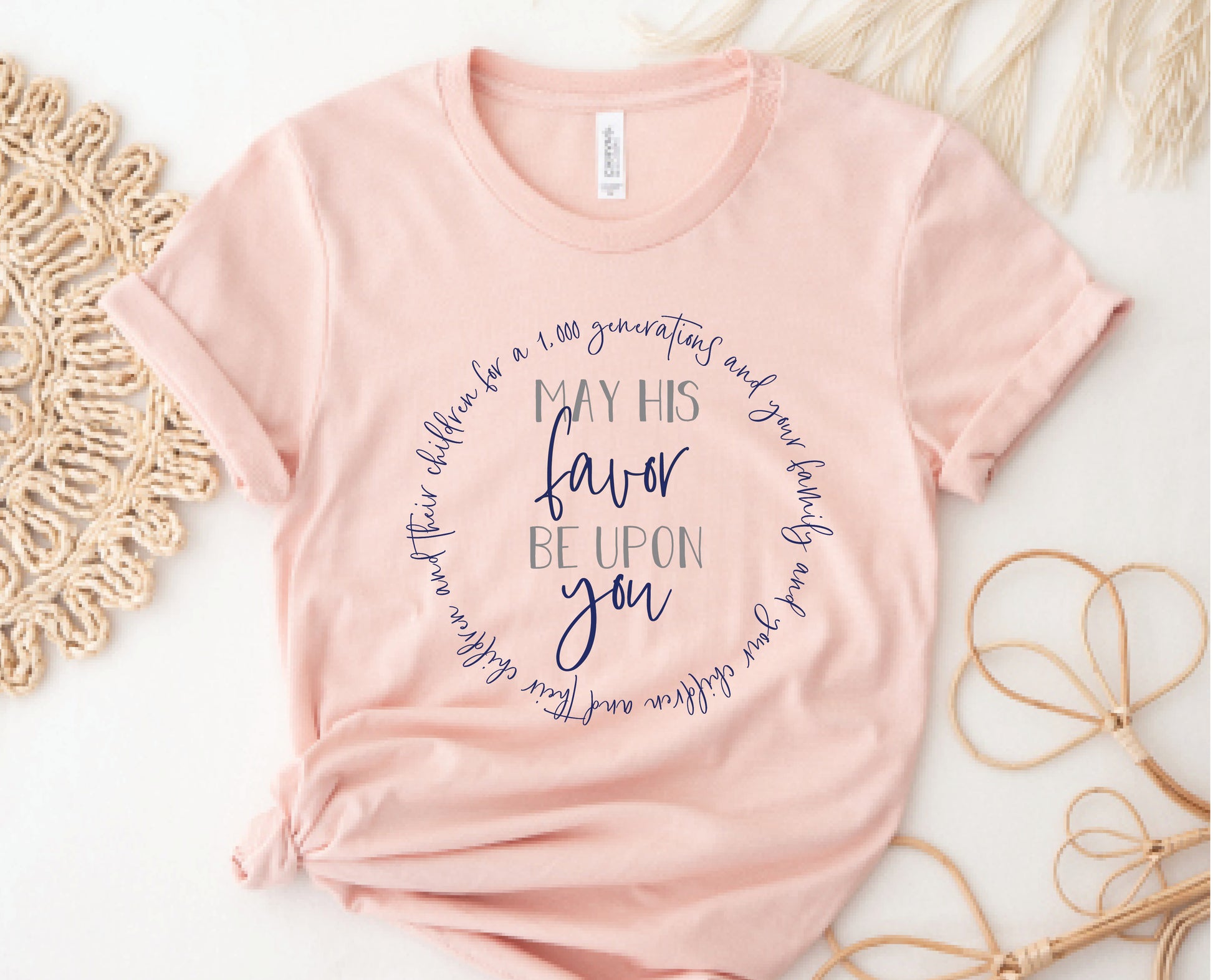 May His Favor Be Upon family & children Numbers 6 The Blessing Christian aesthetic circle design printed on soft heather prism peach t-shirt for women