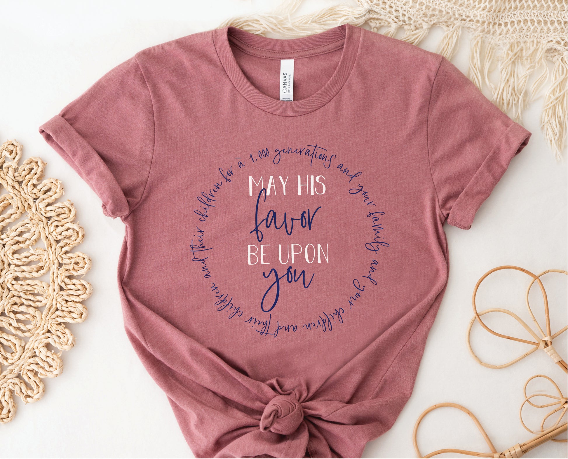 May His Favor Be Upon family & children Numbers 6 The Blessing Christian aesthetic circle design printed on soft mauve t-shirt for women
