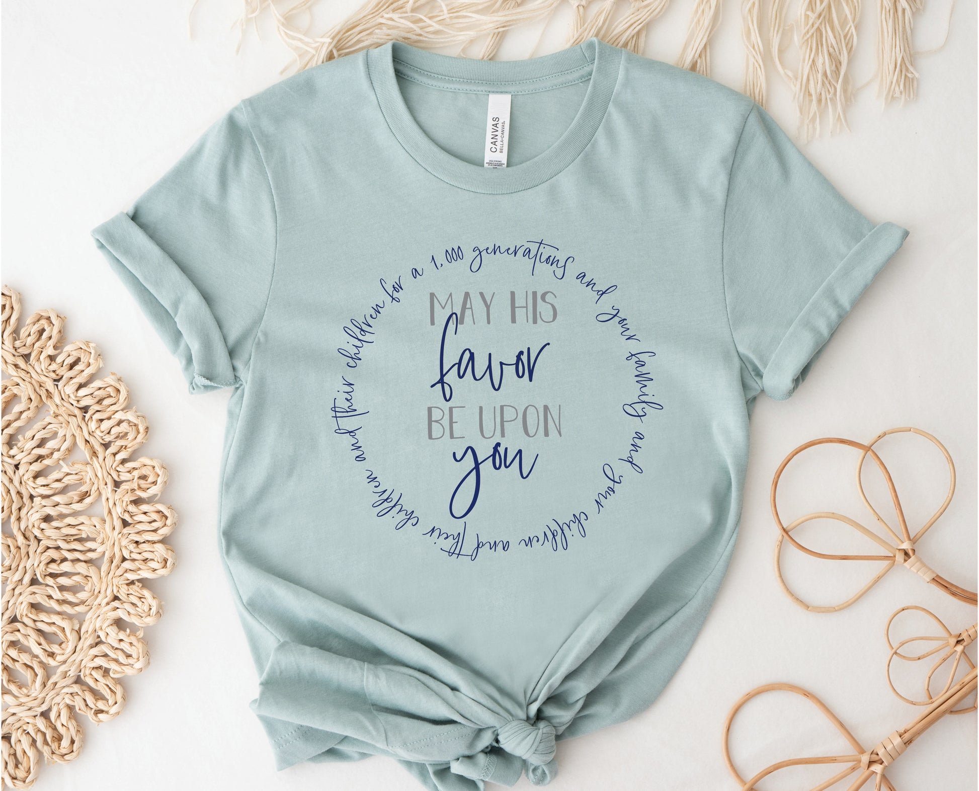 May His Favor Be Upon family & children Numbers 6 The Blessing Christian aesthetic circle design printed on soft heather dusty blue t-shirt for women