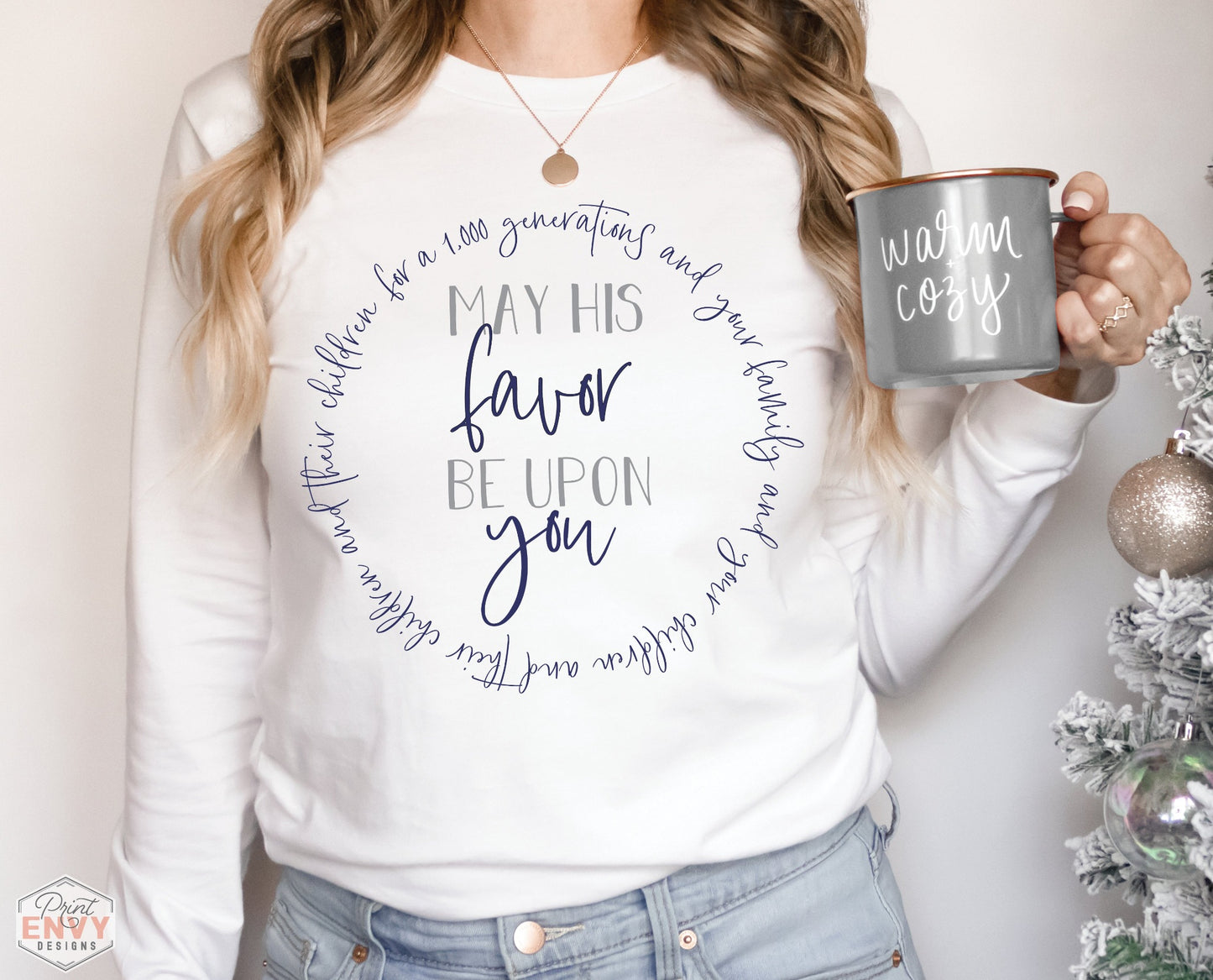 May His Favor Be Upon You Numbers 6 Blessing Christian aesthetic design printed in navy and gray on white soft long sleeve tee for women