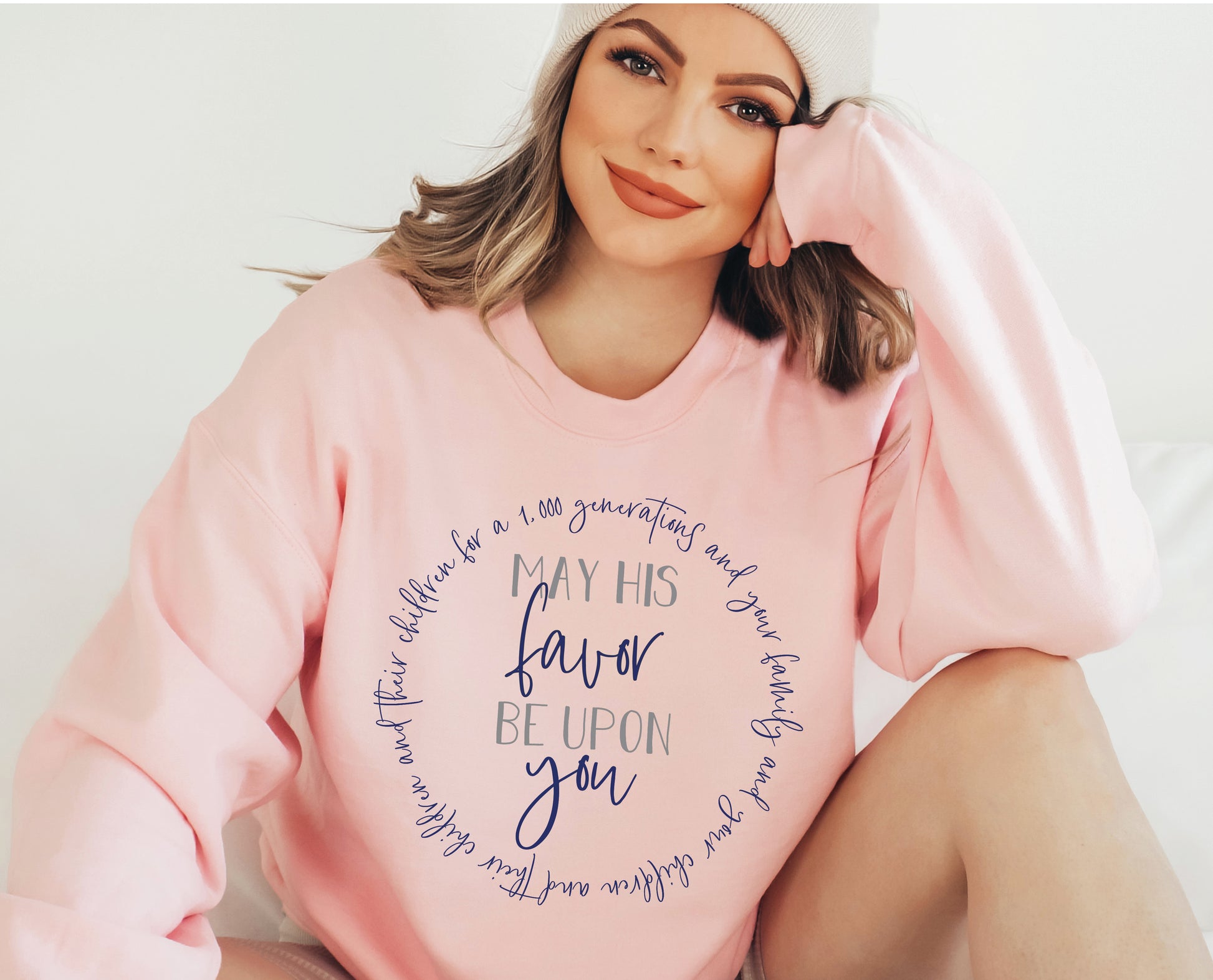 May His Favor Be Upon You family & children Numbers 6 The Blessing Christian aesthetic circle design printed on cozy light pink unisex crewneck shirt for women