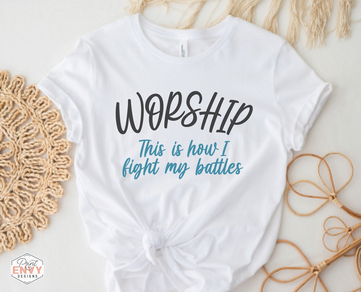 Worship This Is How I Fight My Battles Christian aesthetic t-shirt design printed on soft white tee for women, great gift for worship leaders