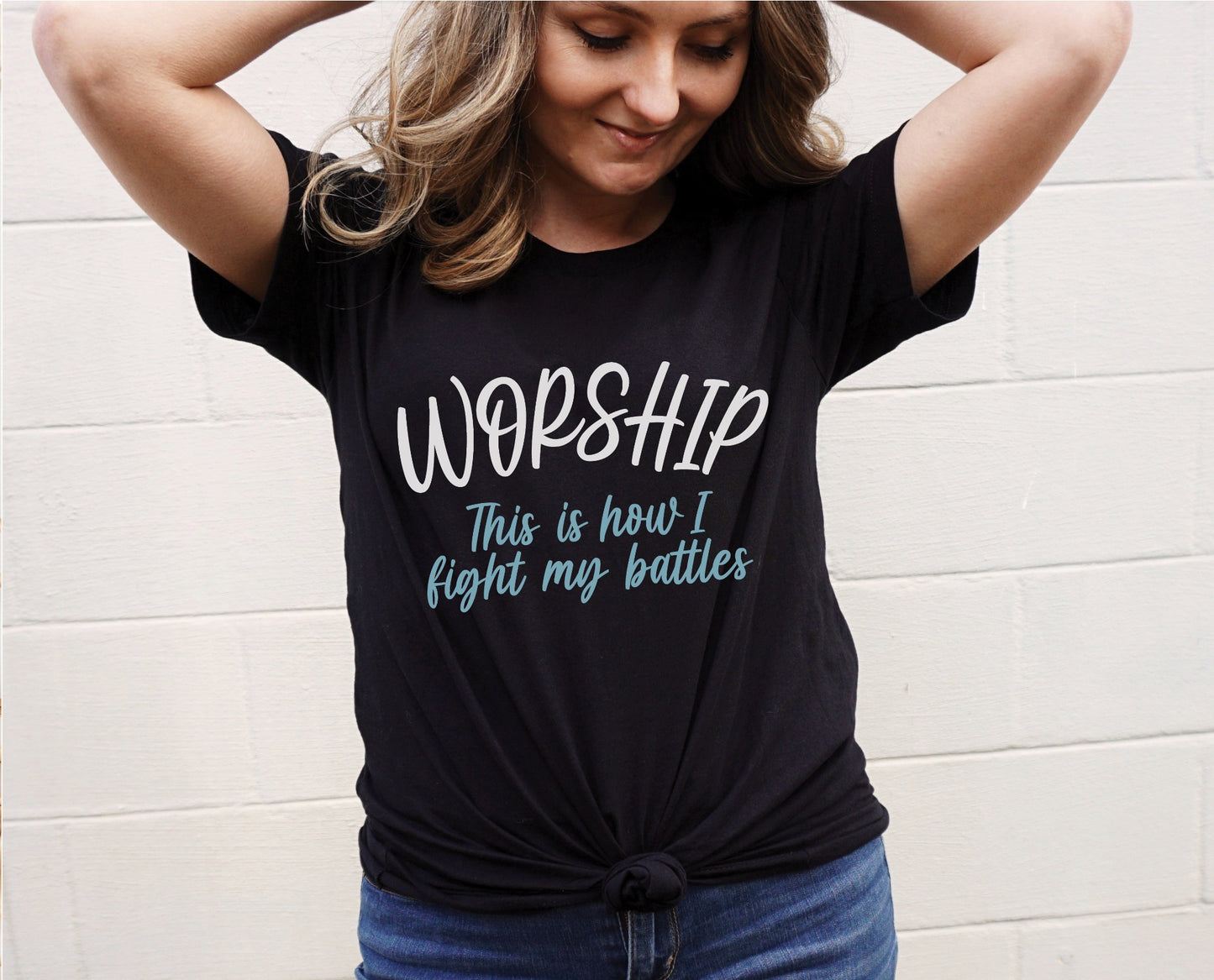 Worship This Is How I Fight My Battles Christian aesthetic t-shirt design printed on soft black tee for women, great gift for worship leaders