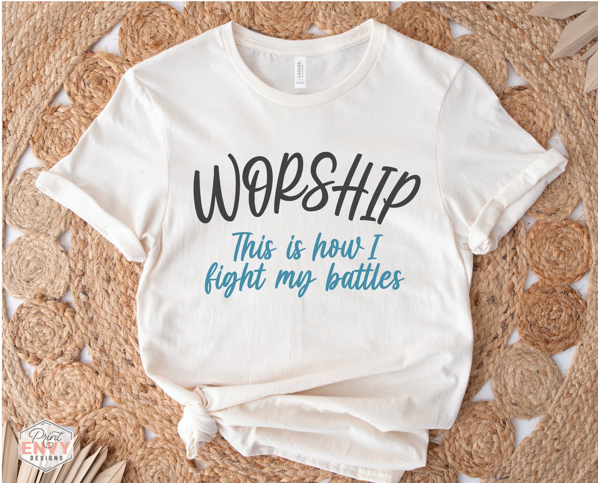 Worship This Is How I Fight My Battles Christian aesthetic t-shirt design printed on soft cream tee for women, great gift for worship leaders