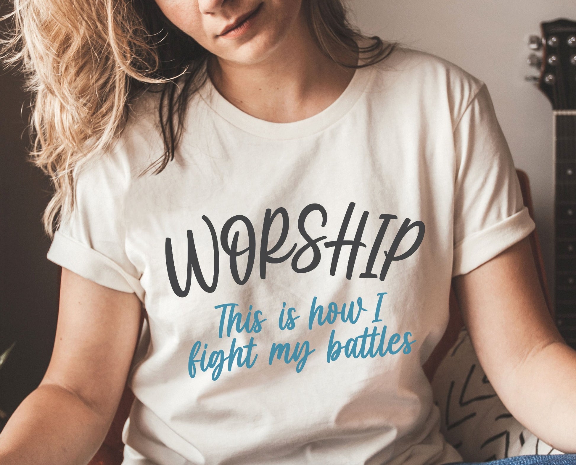 Worship This Is How I Fight My Battles Christian aesthetic t-shirt design printed on soft cream tee for women, great gift for worship leaders