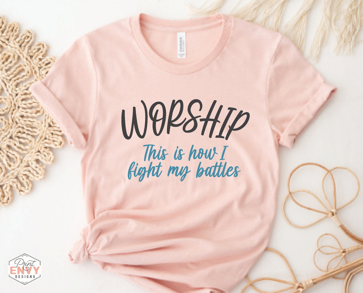 Worship This Is How I Fight My Battles Christian aesthetic t-shirt design printed on soft heather prism peach tee for women, great gift for worship leaders