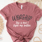 Worship This Is How I Fight My Battles Christian aesthetic t-shirt design printed in white and teal on soft mauve dusty rose tee for women, great gift for worship leaders