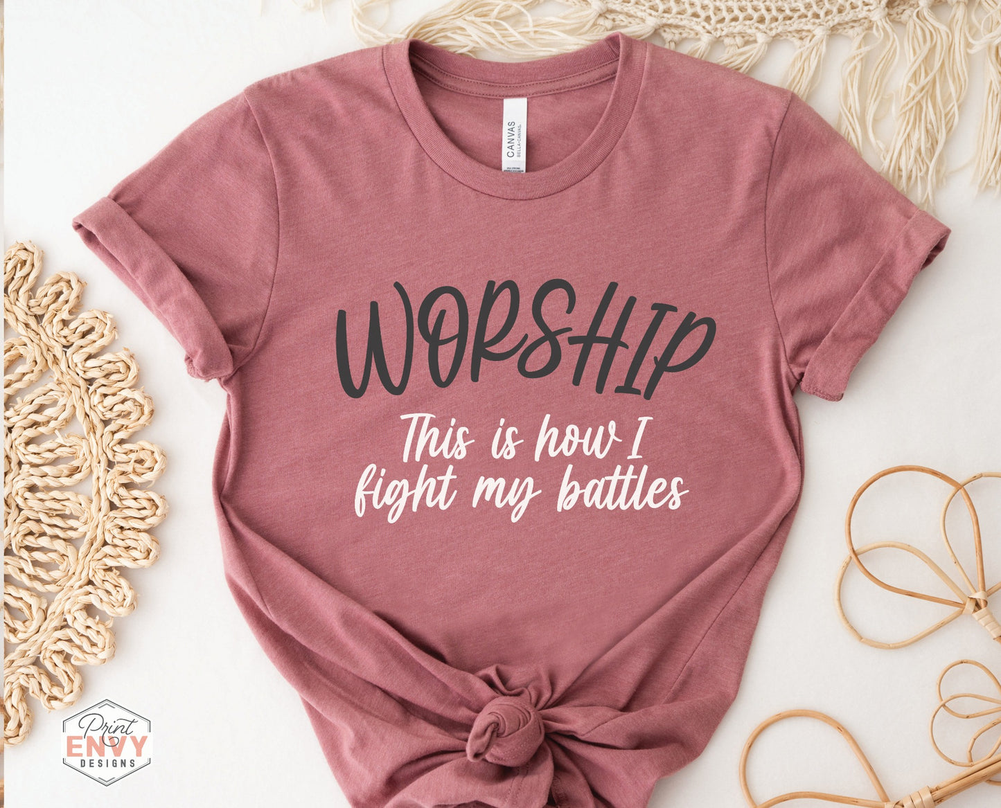 Worship This Is How I Fight My Battles Christian aesthetic t-shirt design printed in white and teal on soft mauve dusty rose tee for women, great gift for worship leaders