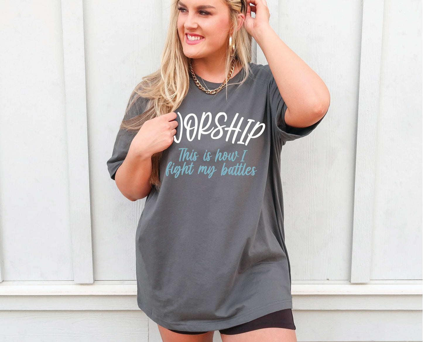 Worship This Is How I Fight My Battles Christian aesthetic t-shirt design printed on soft asphalt tee for women, great gift for worship leaders