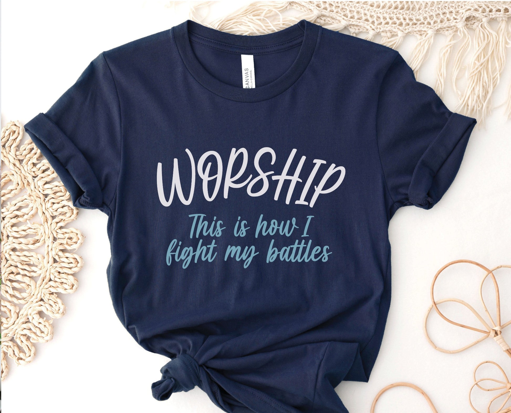 Worship This Is How I Fight My Battles Christian aesthetic t-shirt design printed in white and teal on navy blue tee for women, great gift for worship leaders