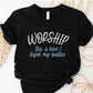 Worship This Is How I Fight My Battles Christian aesthetic t-shirt design printed in white and teal on soft black tee for women, great gift for worship leaders