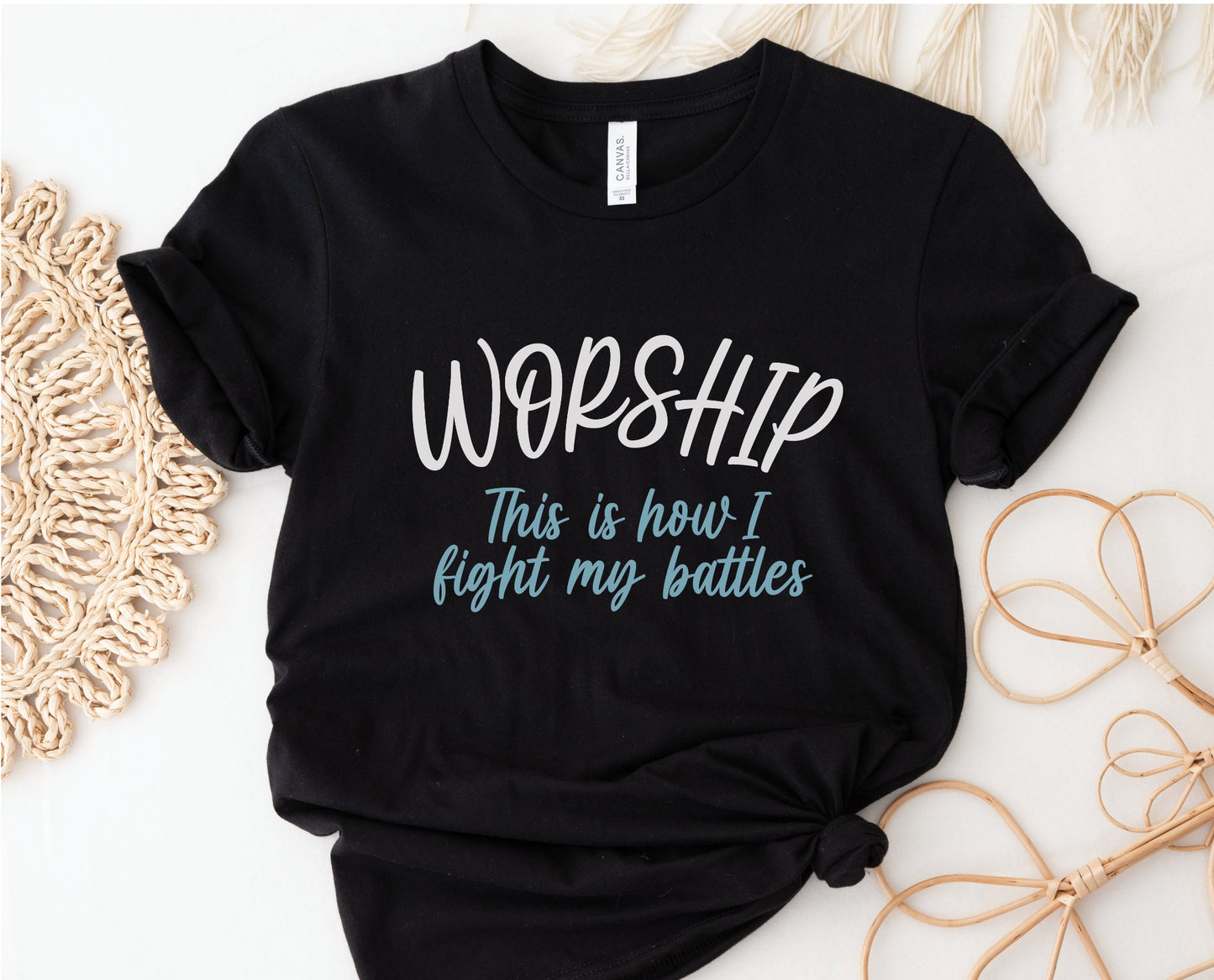 Worship This Is How I Fight My Battles Christian aesthetic t-shirt design printed in white and teal on soft black tee for women, great gift for worship leaders